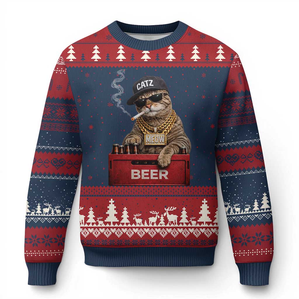 Funny Smoking Cat Meme Ugly Christmas Sweater Vintage Graphic Cigarette Kitty Beer Cat Lover TS10 Navy Red Print Your Wear