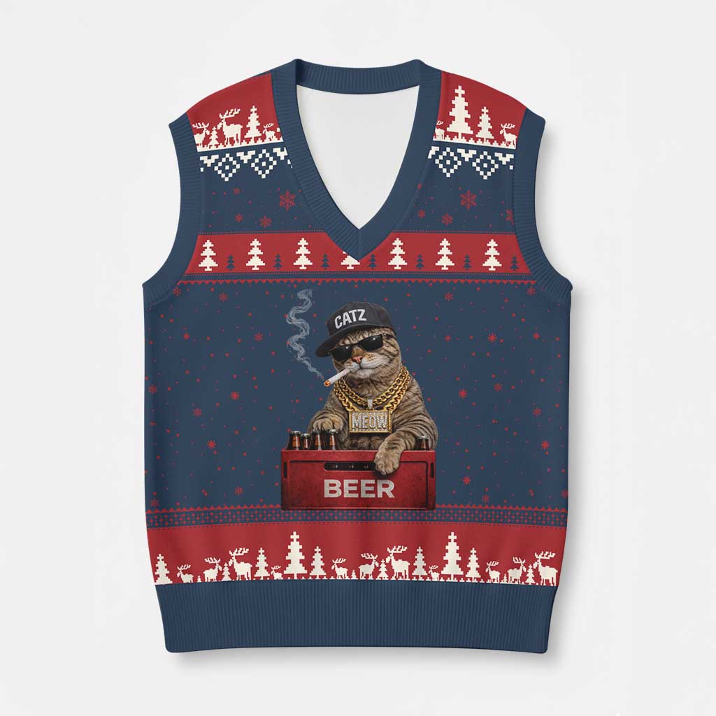 Funny Smoking Cat Meme V-Neck Knit Sweater Vest Vintage Graphic Cigarette Kitty Beer Cat Lover TS10 Navy Red Print Your Wear