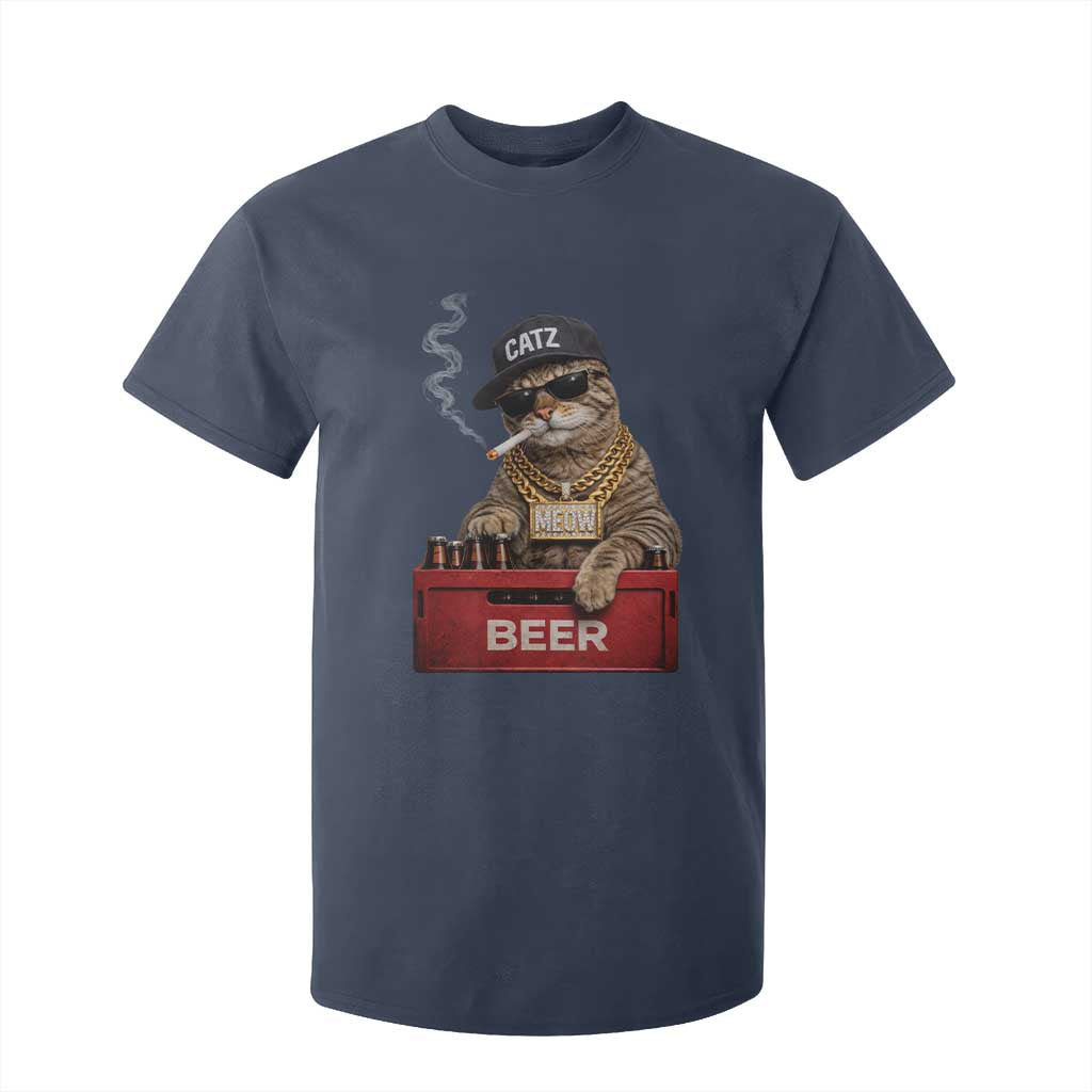 Funny Smoking Cat Meme T Shirt For Kid Vintage Graphic Cigarette Kitty Beer Cat Lover TS10 Navy Print Your Wear