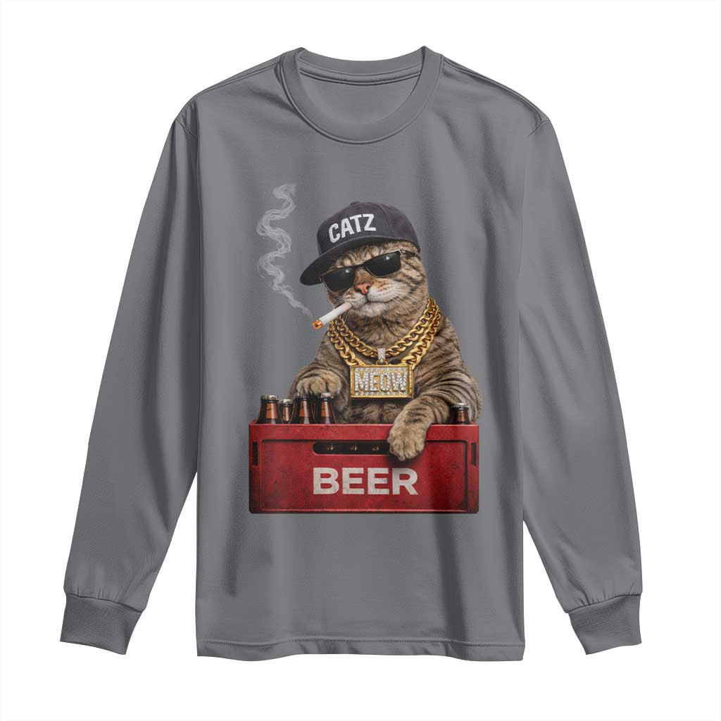 Funny Smoking Cat Meme Long Sleeve Shirt Vintage Graphic Cigarette Kitty Beer Cat Lover TS10 Charcoal Print Your Wear