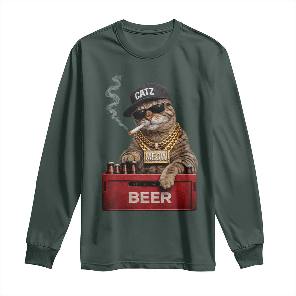 Funny Smoking Cat Meme Long Sleeve Shirt Vintage Graphic Cigarette Kitty Beer Cat Lover TS10 Dark Forest Green Print Your Wear
