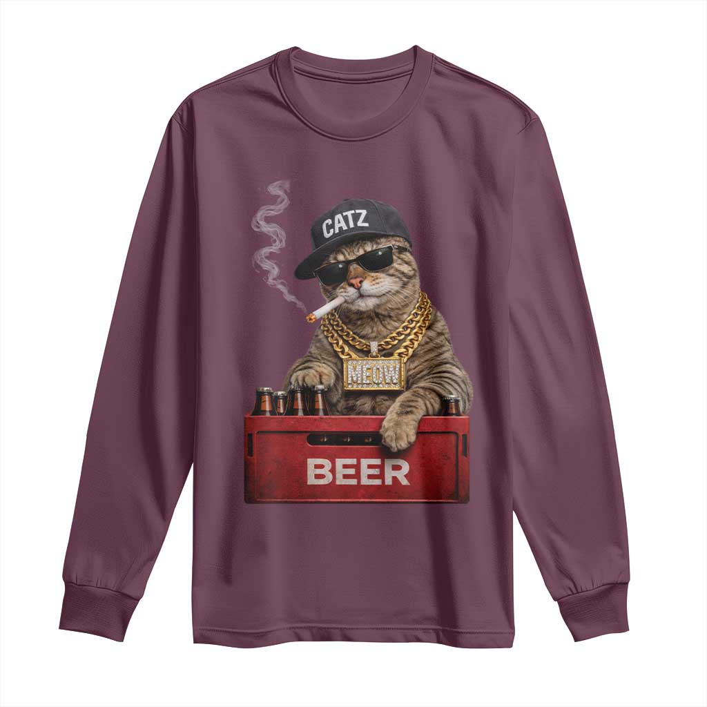 Funny Smoking Cat Meme Long Sleeve Shirt Vintage Graphic Cigarette Kitty Beer Cat Lover TS10 Maroon Print Your Wear