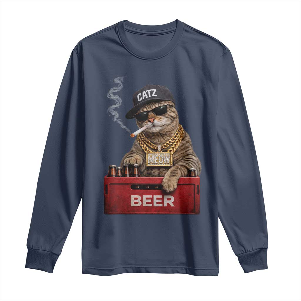 Funny Smoking Cat Meme Long Sleeve Shirt Vintage Graphic Cigarette Kitty Beer Cat Lover TS10 Navy Print Your Wear