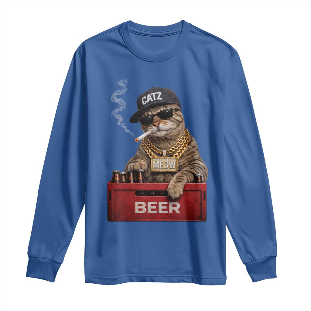 Funny Smoking Cat Meme Long Sleeve Shirt Vintage Graphic Cigarette Kitty Beer Cat Lover TS10 Royal Blue Print Your Wear