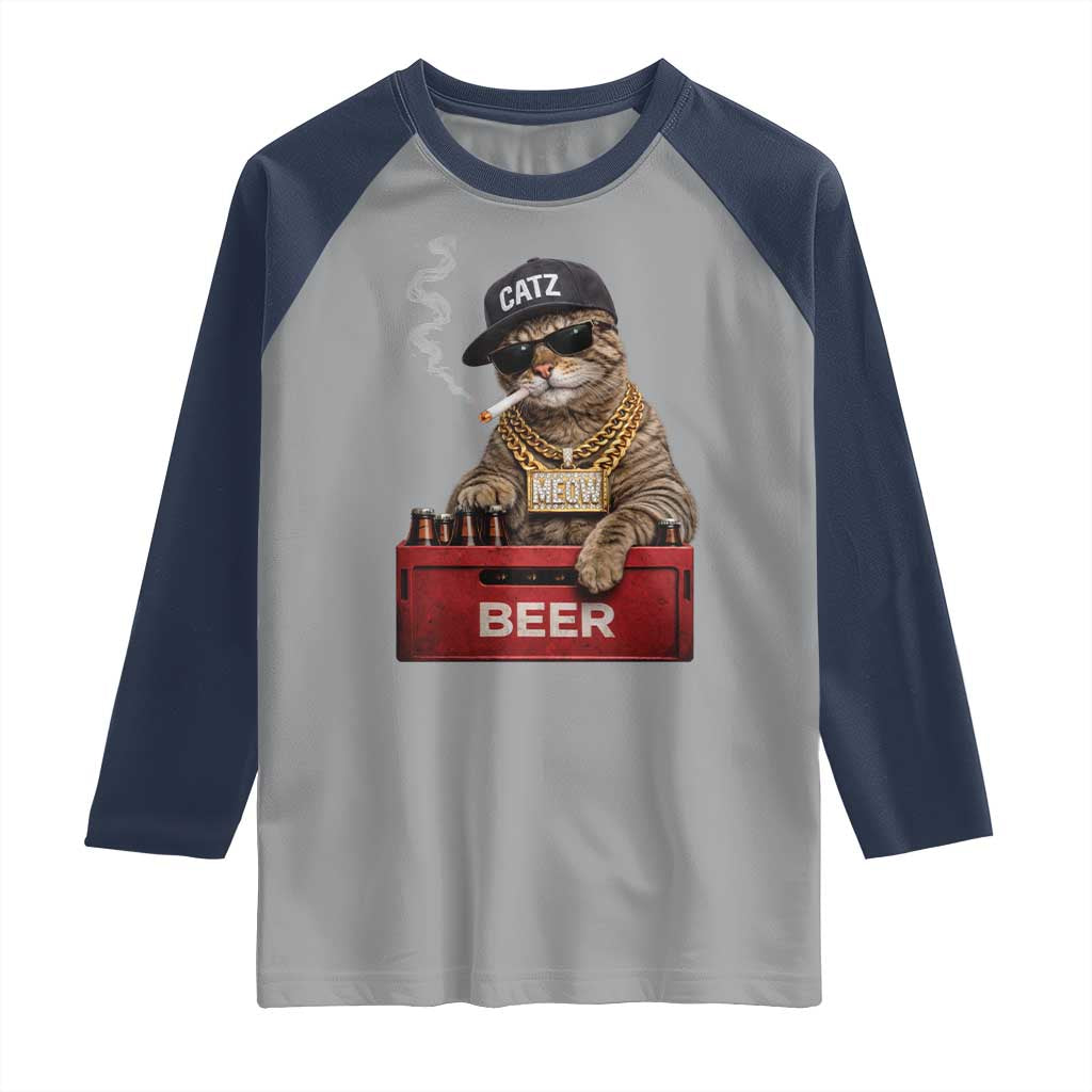 Funny Smoking Cat Meme Raglan Shirt Vintage Graphic Cigarette Kitty Beer Cat Lover TS10 Sport Gray Navy Print Your Wear