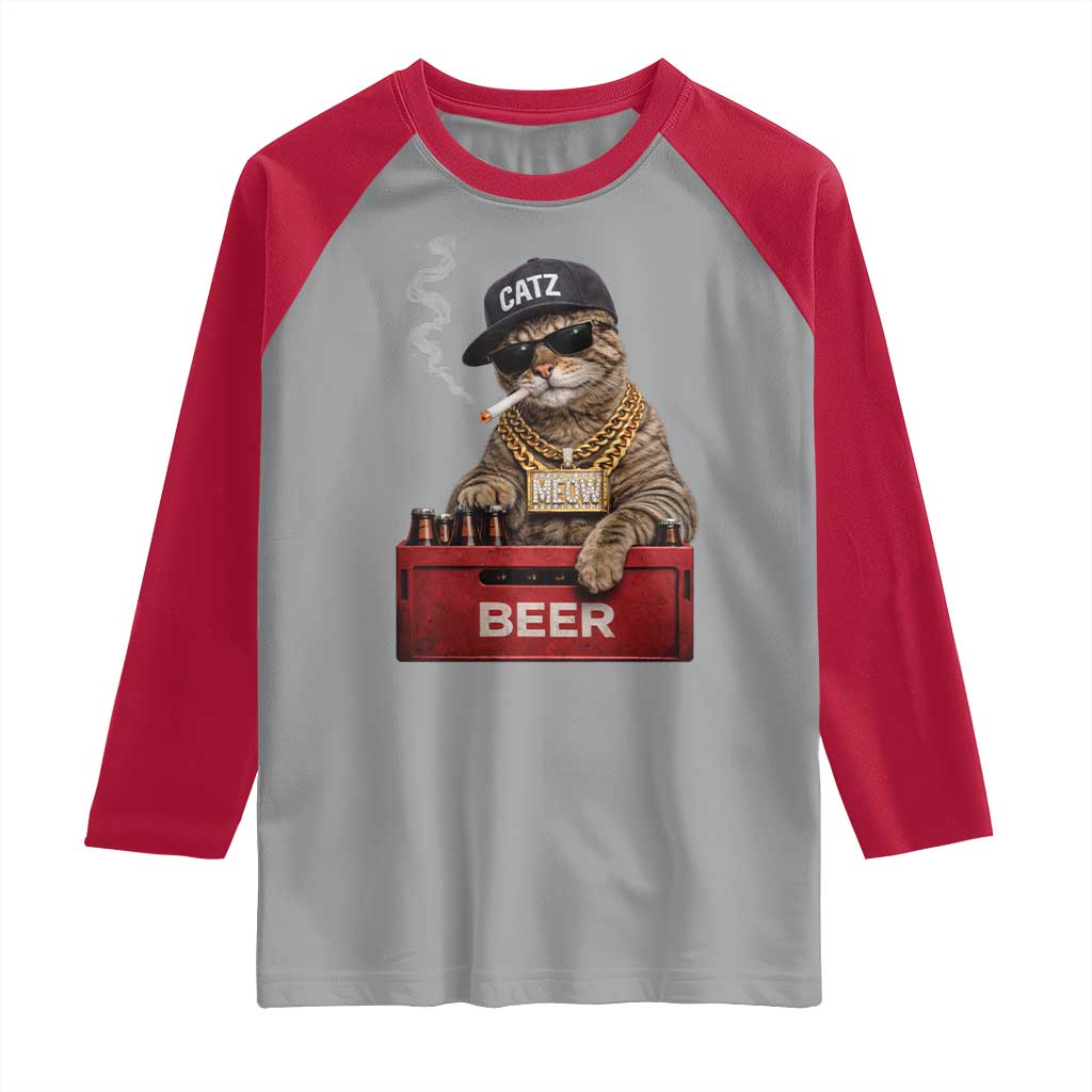 Funny Smoking Cat Meme Raglan Shirt Vintage Graphic Cigarette Kitty Beer Cat Lover TS10 Sport Gray Red Print Your Wear