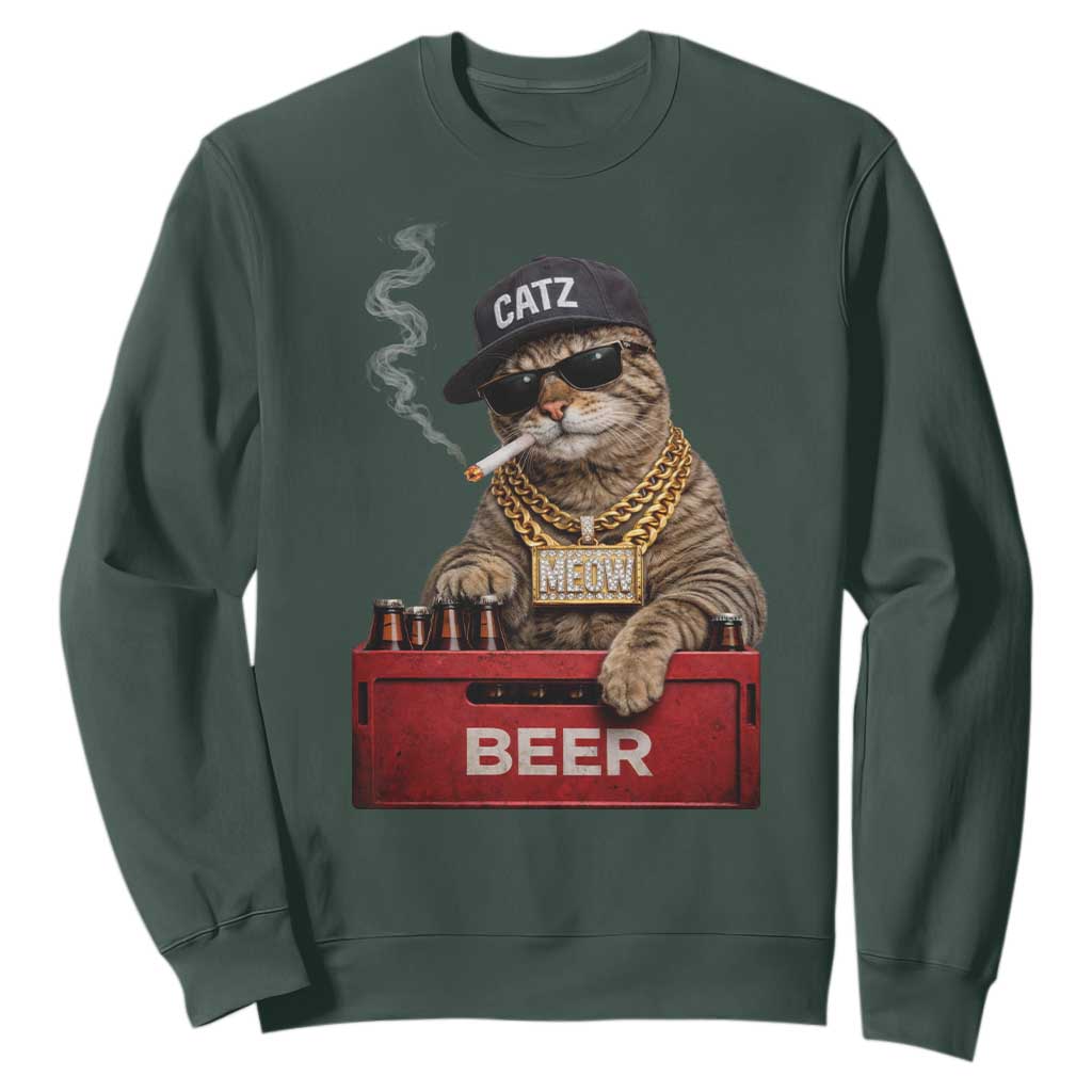 Funny Smoking Cat Meme Sweatshirt Vintage Graphic Cigarette Kitty Beer Cat Lover TS10 Dark Forest Green Print Your Wear