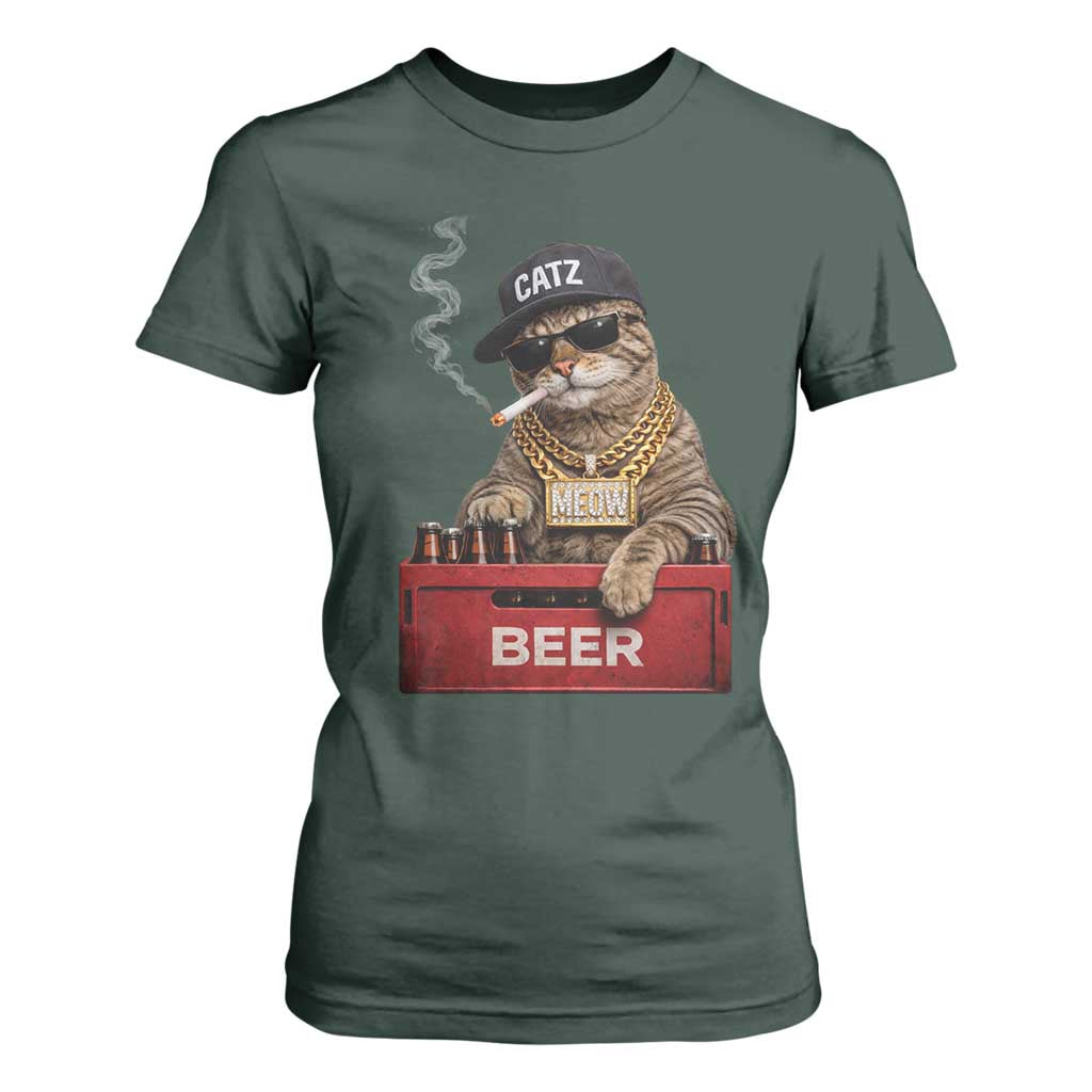 Funny Smoking Cat Meme T Shirt For Women Vintage Graphic Cigarette Kitty Beer Cat Lover TS10 Dark Forest Green Print Your Wear