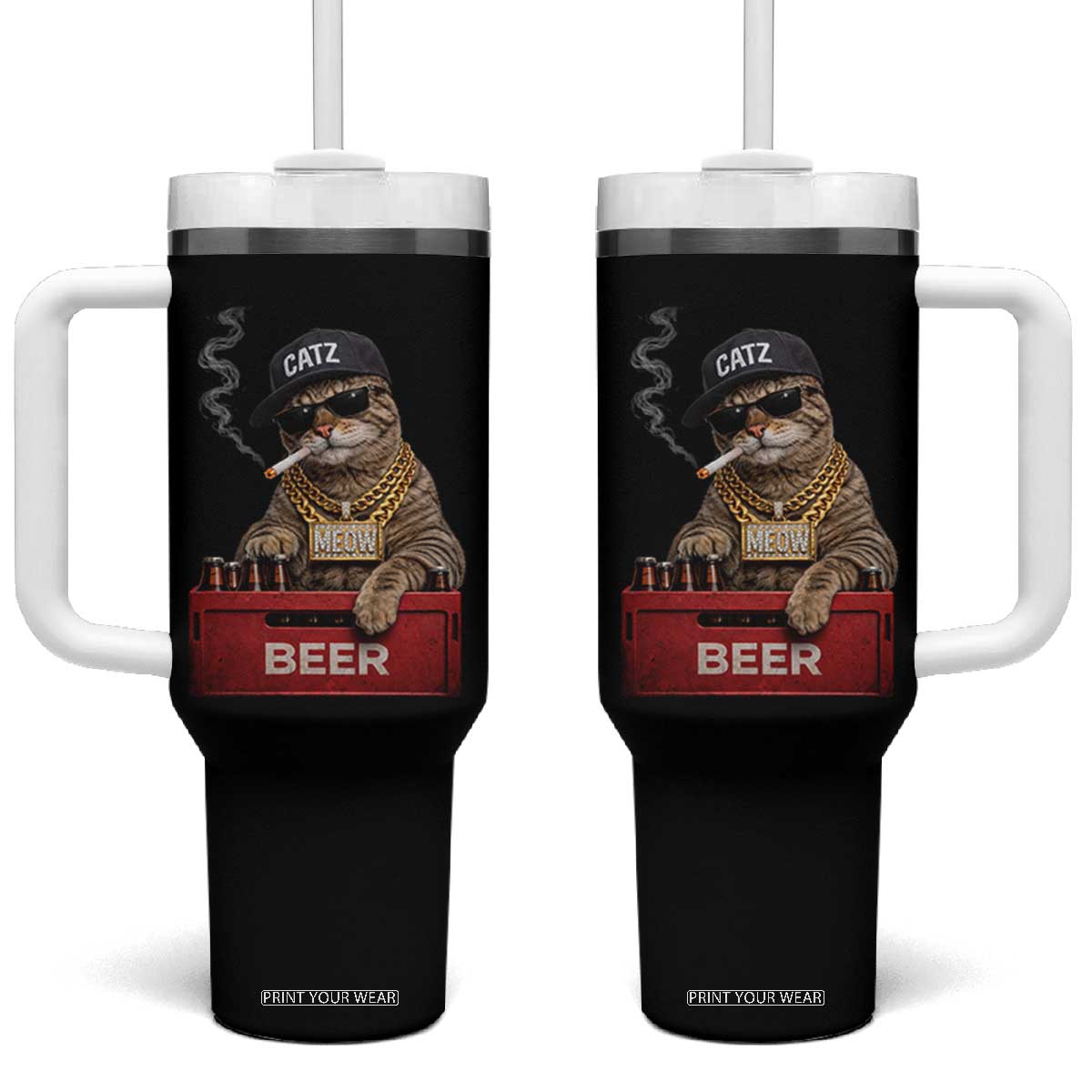 Funny Smoking Cat Meme Tumbler With Handle Vintage Graphic Cigarette Kitty Beer Cat Lover TS10 One Size: 40 oz Black Print Your Wear