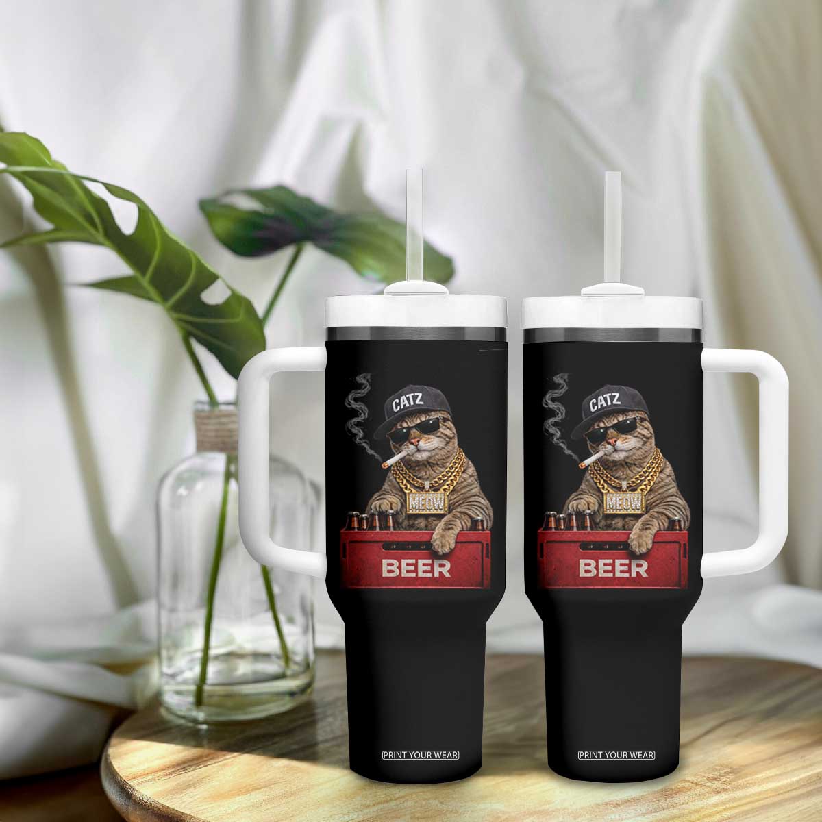 Funny Smoking Cat Meme Tumbler With Handle Vintage Graphic Cigarette Kitty Beer Cat Lover TS10 Print Your Wear