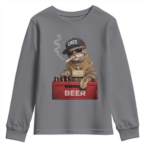Funny Smoking Cat Meme Youth Sweatshirt Vintage Graphic Cigarette Kitty Beer Cat Lover TS10 Charcoal Print Your Wear