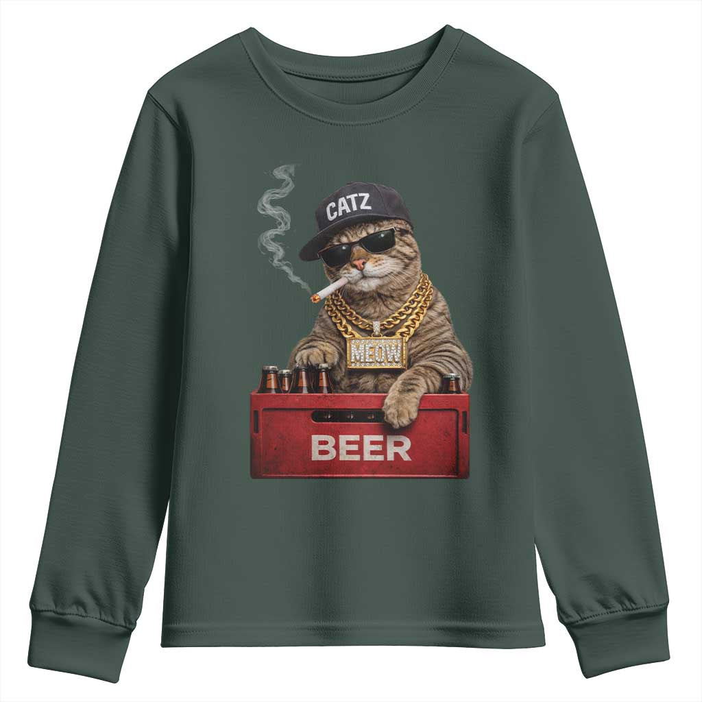 Funny Smoking Cat Meme Youth Sweatshirt Vintage Graphic Cigarette Kitty Beer Cat Lover TS10 Dark Forest Green Print Your Wear