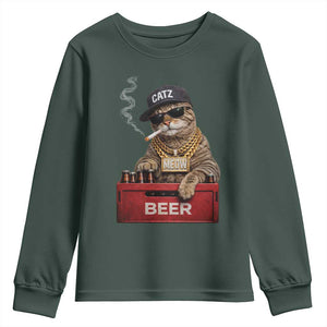 Funny Smoking Cat Meme Youth Sweatshirt Vintage Graphic Cigarette Kitty Beer Cat Lover TS10 Dark Forest Green Print Your Wear