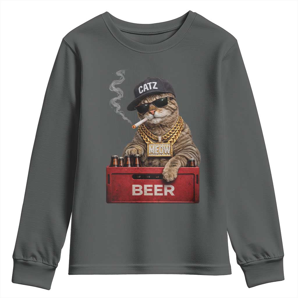 Funny Smoking Cat Meme Youth Sweatshirt Vintage Graphic Cigarette Kitty Beer Cat Lover TS10 Dark Heather Print Your Wear