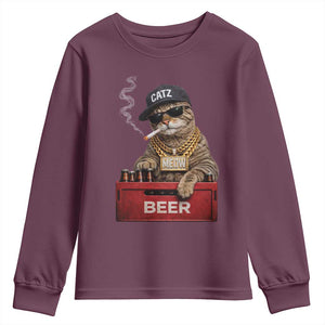 Funny Smoking Cat Meme Youth Sweatshirt Vintage Graphic Cigarette Kitty Beer Cat Lover TS10 Maroon Print Your Wear