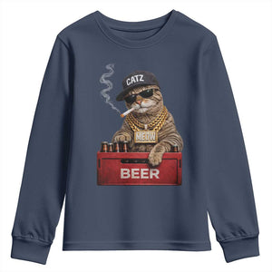 Funny Smoking Cat Meme Youth Sweatshirt Vintage Graphic Cigarette Kitty Beer Cat Lover TS10 Navy Print Your Wear