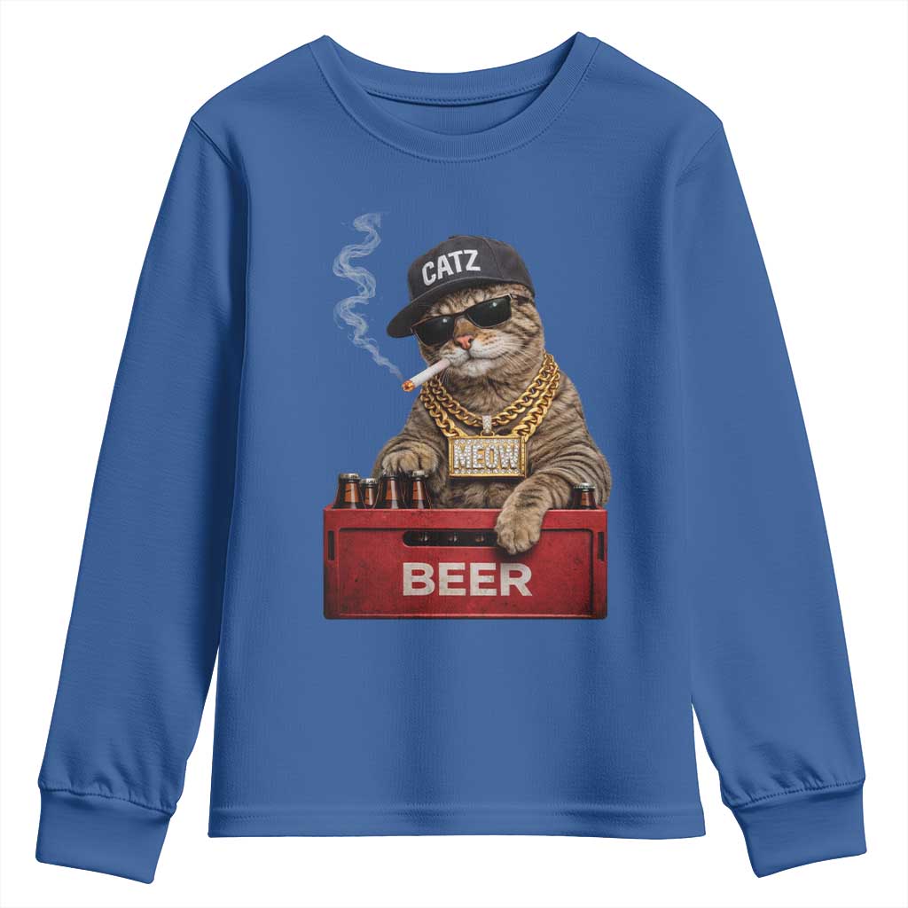 Funny Smoking Cat Meme Youth Sweatshirt Vintage Graphic Cigarette Kitty Beer Cat Lover TS10 Royal Blue Print Your Wear