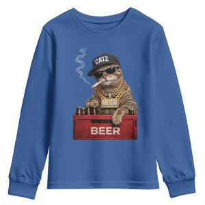 Funny Smoking Cat Meme Youth Sweatshirt Vintage Graphic Cigarette Kitty Beer Cat Lover TS10 Royal Blue Print Your Wear
