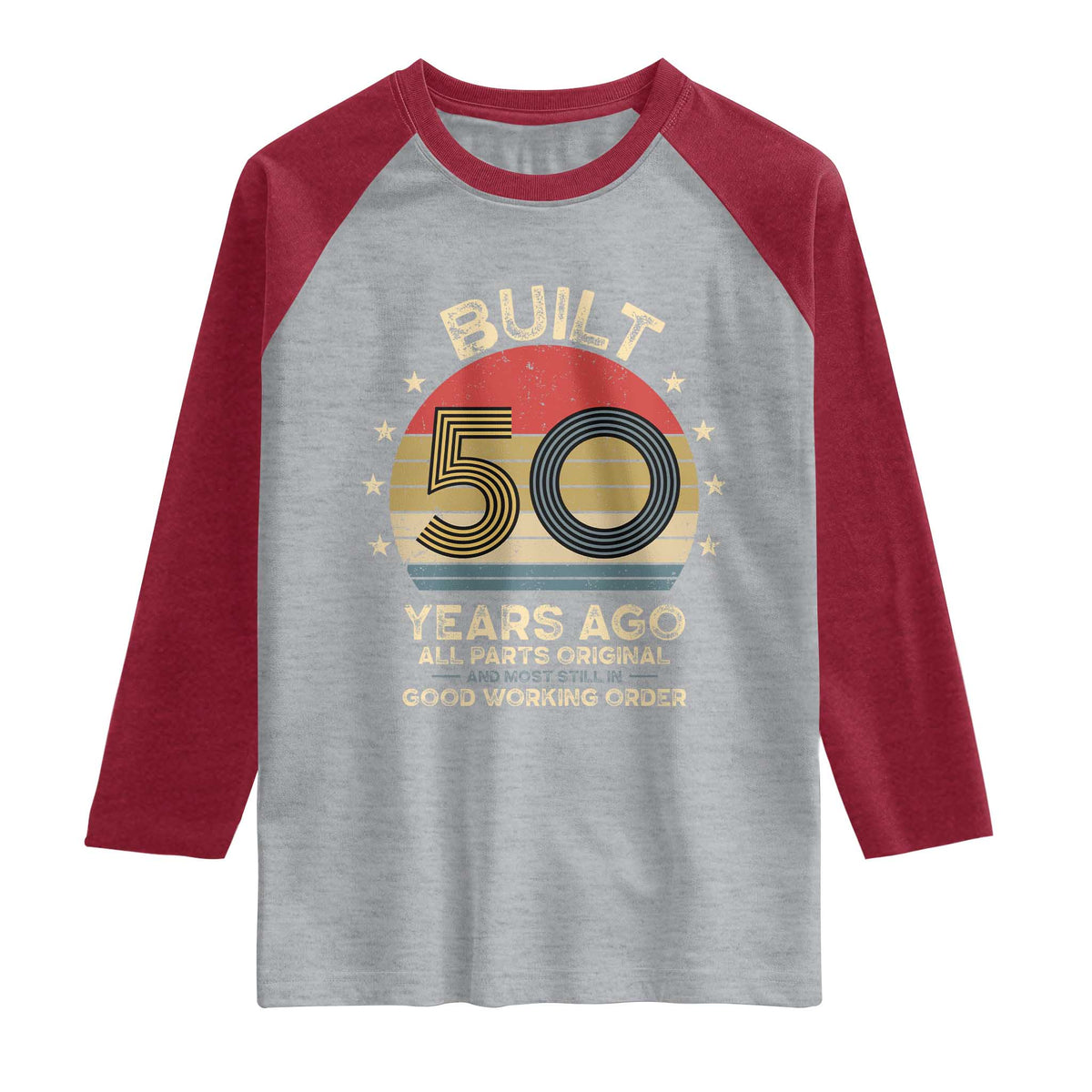 Funny 50th Birthday Raglan Shirt Vintage Retro Built 50 Years Ago TS10 Heather Gray Heather Red Print Your Wear