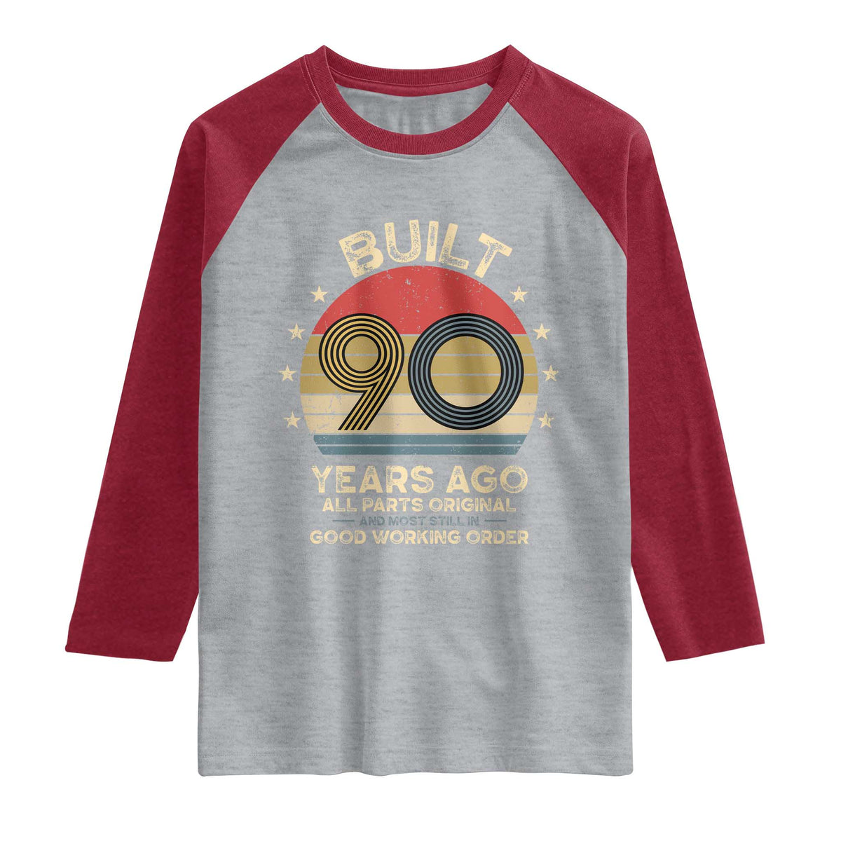 Funny 90th Birthday Raglan Shirt Vintage Retro Built 90 Years Ago TS10 Heather Gray Heather Red Print Your Wear