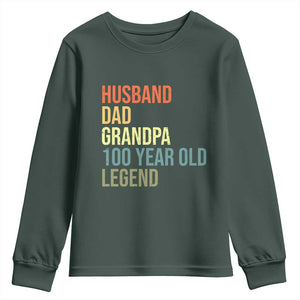 100th Birthday Youth Sweatshirt Husband Dad Grandpa 100 Year Old Legend TS10 Dark Forest Green Print Your Wear