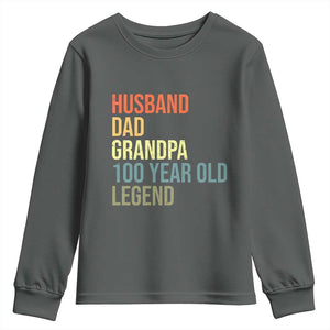 100th Birthday Youth Sweatshirt Husband Dad Grandpa 100 Year Old Legend TS10 Dark Heather Print Your Wear