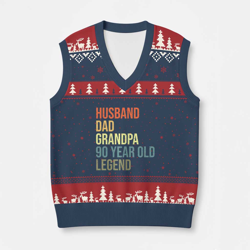 90th Birthday V-Neck Knit Sweater Vest Husband Dad Grandpa 90 Year Old Legend TS10 Navy Red Print Your Wear