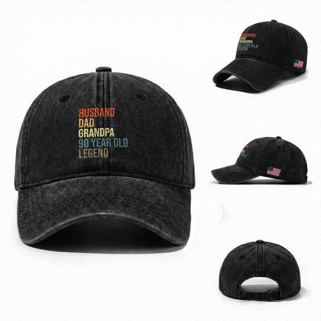 90th Birthday Washed Cotton Baseball Cap Husband Dad Grandpa 90 Year Old Legend