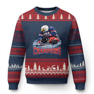USA Ice Hockey Ugly Christmas Sweater Eagle Dominates Canada 2026 Hockey Champions TS10 Navy Red Print Your Wear