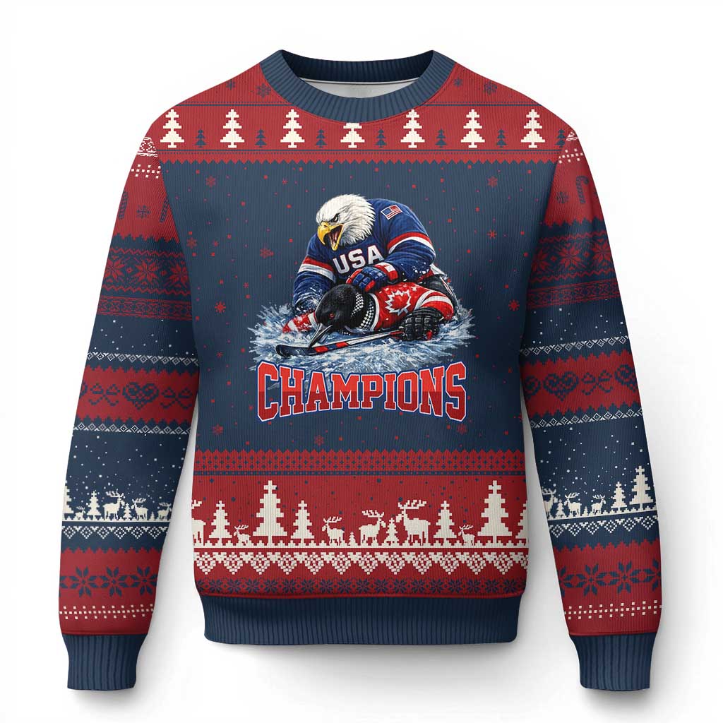 USA Ice Hockey Ugly Christmas Sweater Eagle Dominates Canada 2026 Hockey Champions TS10 Navy Red Print Your Wear