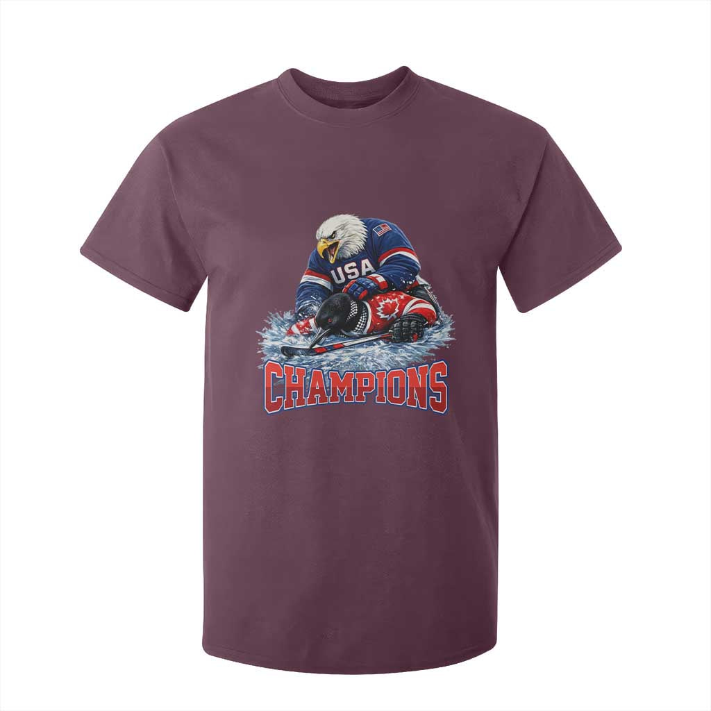 USA Ice Hockey T Shirt For Kid Eagle Dominates Canada 2026 Hockey Champions TS10 Maroon Print Your Wear