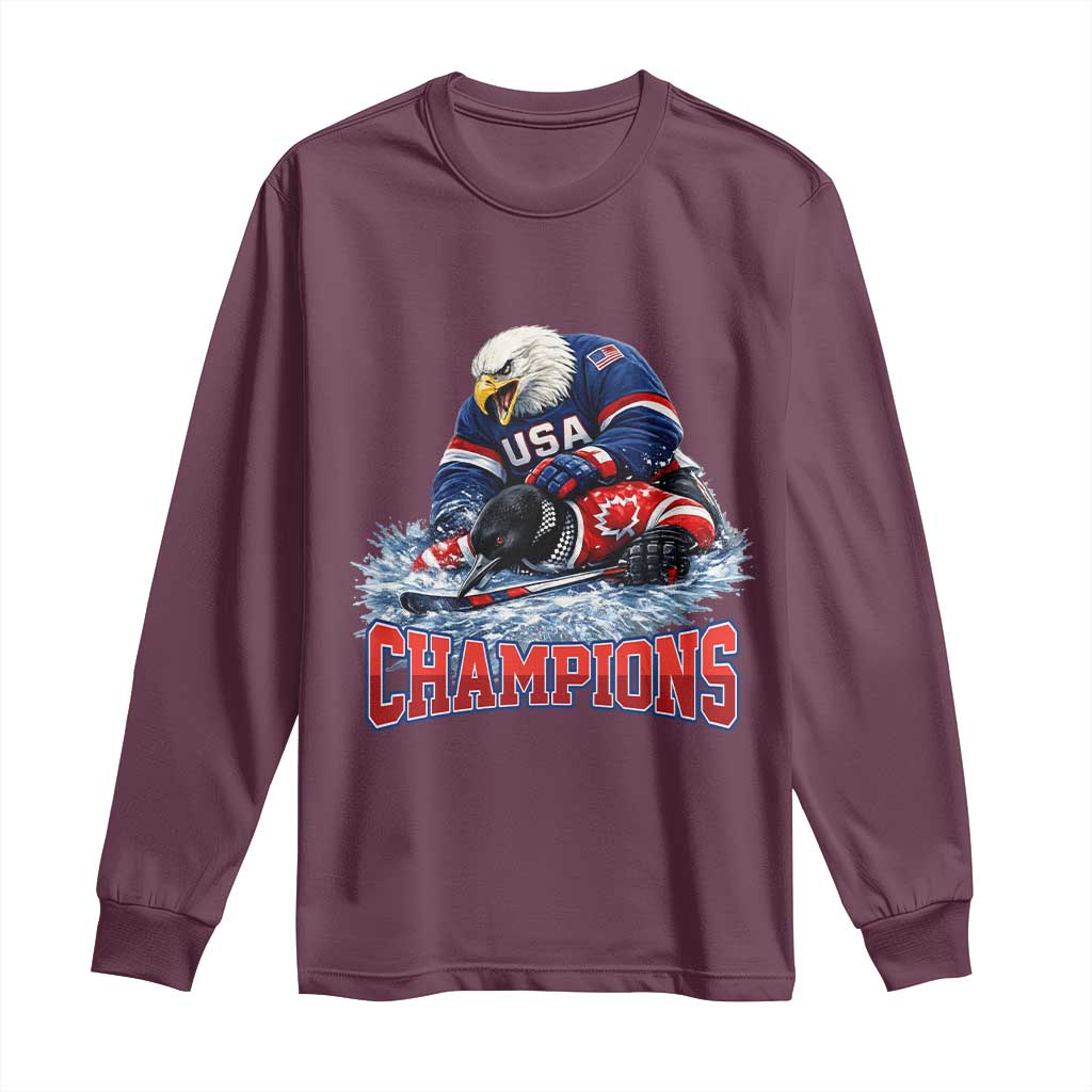 USA Ice Hockey Long Sleeve Shirt Eagle Dominates Canada 2026 Hockey Champions TS10 Maroon Print Your Wear