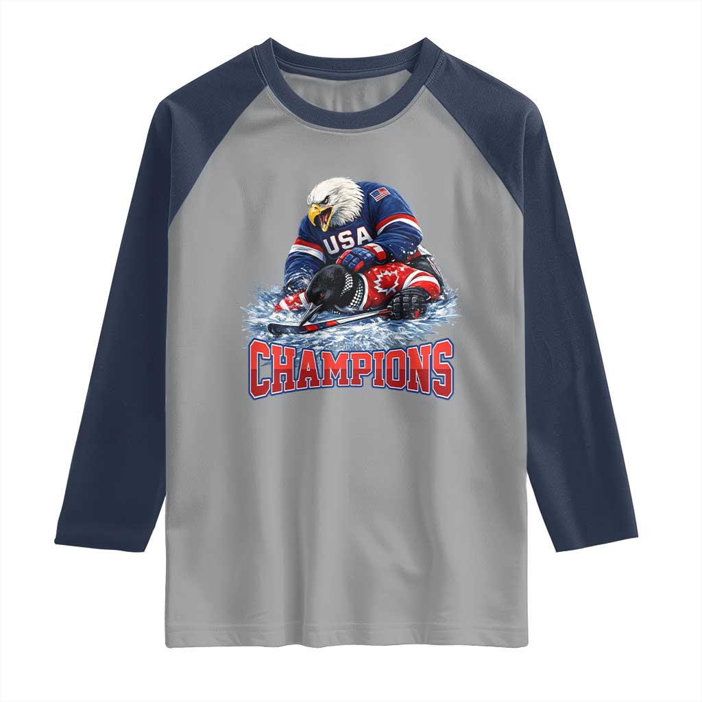 USA Ice Hockey Raglan Shirt Eagle Dominates Canada 2026 Hockey Champions TS10 Sport Gray Navy Print Your Wear
