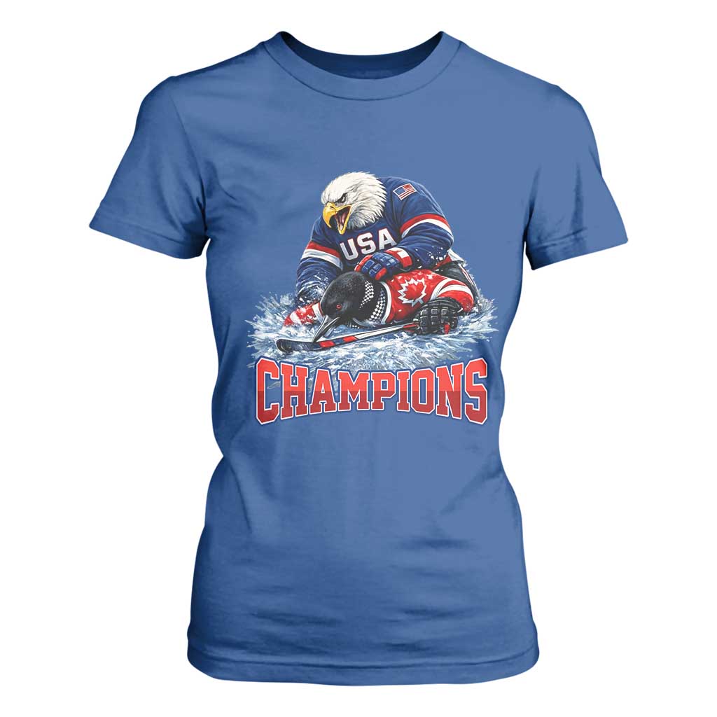 USA Ice Hockey T Shirt For Women Eagle Dominates Canada 2026 Hockey Champions TS10 Royal Blue Print Your Wear
