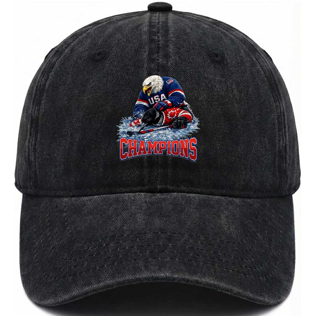 USA Ice Hockey Washed Cotton Baseball Cap Eagle Dominates Canada 2026 Hockey Champions TS10 Washed Cap Universal Fit Black Print Your Wear