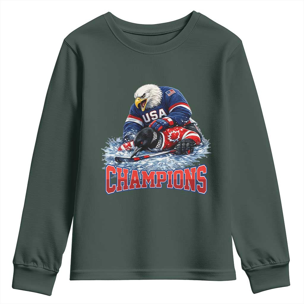 USA Ice Hockey Youth Sweatshirt Eagle Dominates Canada 2026 Hockey Champions TS10 Dark Forest Green Print Your Wear