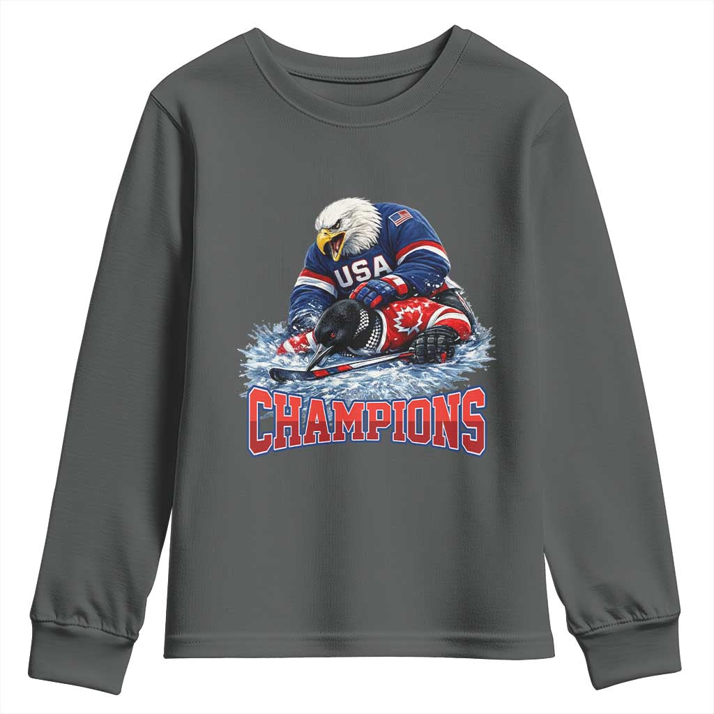 USA Ice Hockey Youth Sweatshirt Eagle Dominates Canada 2026 Hockey Champions TS10 Dark Heather Print Your Wear