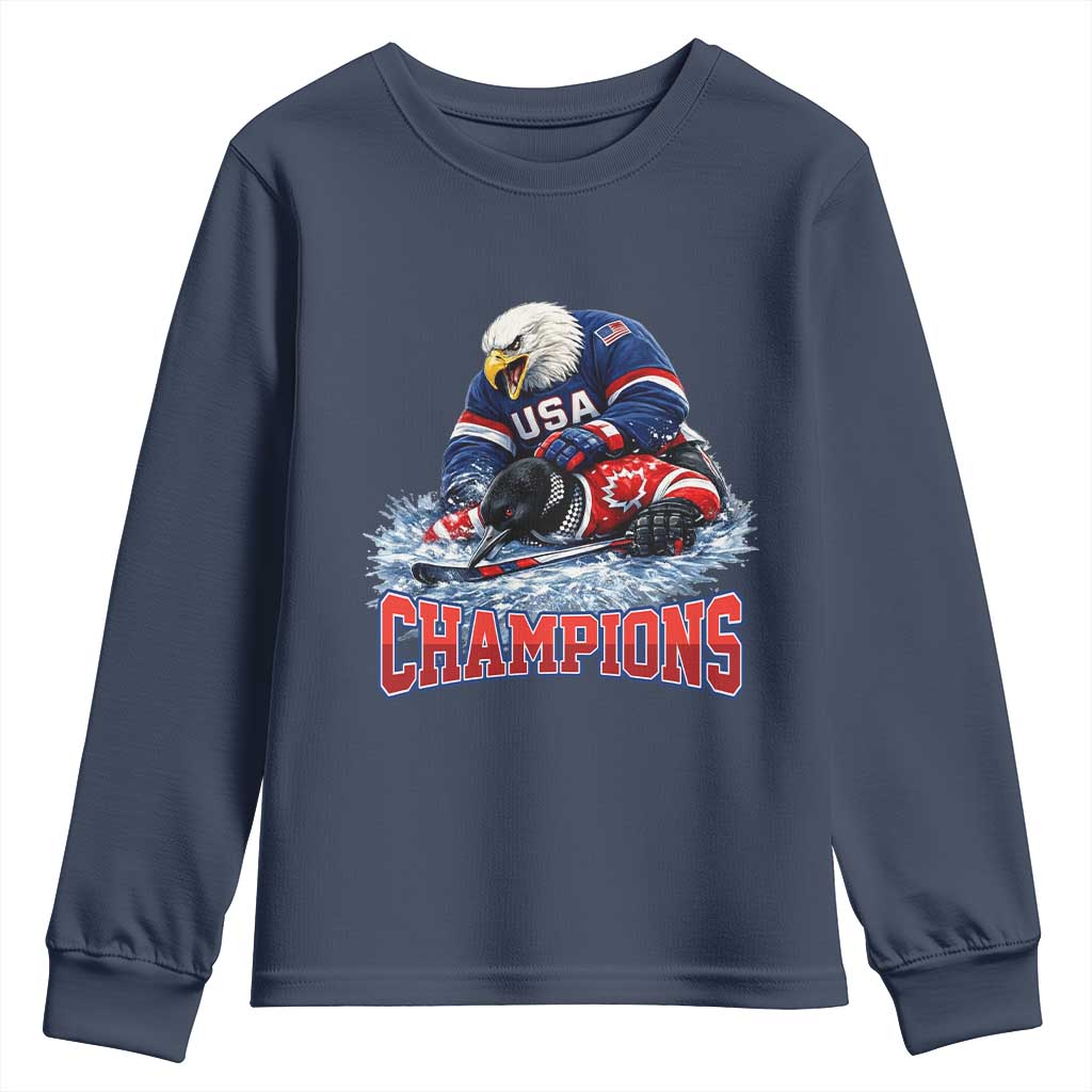 USA Ice Hockey Youth Sweatshirt Eagle Dominates Canada 2026 Hockey Champions TS10 Navy Print Your Wear