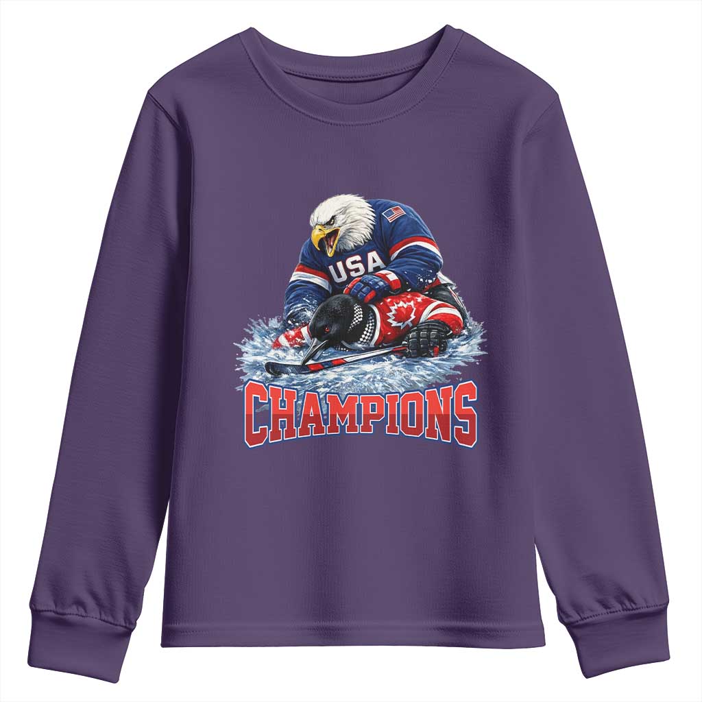 USA Ice Hockey Youth Sweatshirt Eagle Dominates Canada 2026 Hockey Champions TS10 Purple Print Your Wear