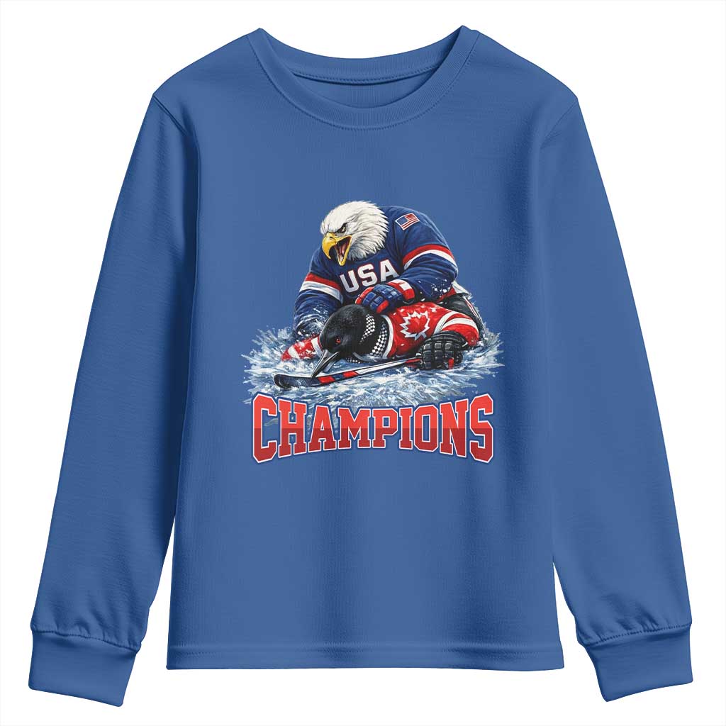 USA Ice Hockey Youth Sweatshirt Eagle Dominates Canada 2026 Hockey Champions TS10 Royal Blue Print Your Wear