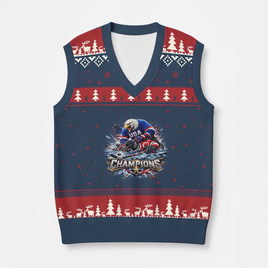 USA Ice Hockey V-Neck Knit Sweater Vest Eagle Dominates Canada 2026 Hockey Champions Graphic TS10 Navy Red Print Your Wear