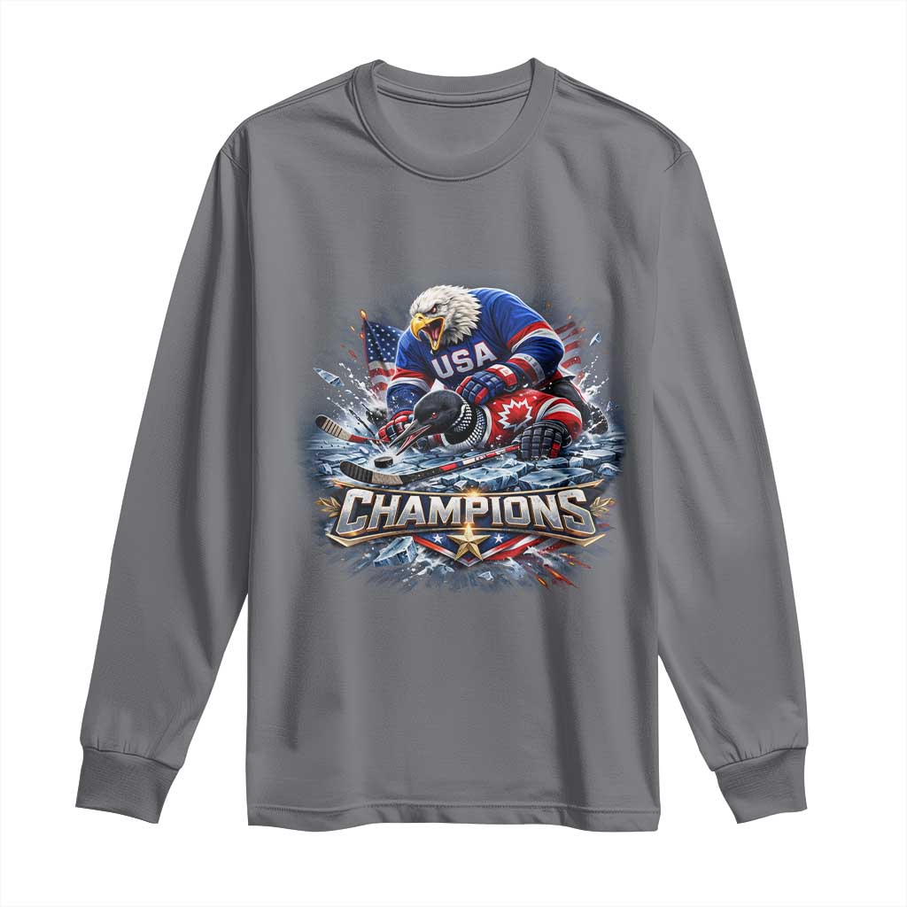 USA Ice Hockey Long Sleeve Shirt Eagle Dominates Canada 2026 Hockey Champions Graphic TS10 Charcoal Print Your Wear