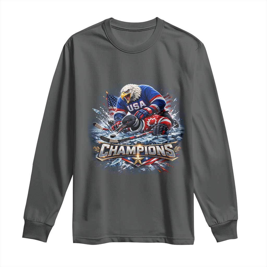 USA Ice Hockey Long Sleeve Shirt Eagle Dominates Canada 2026 Hockey Champions Graphic TS10 Dark Heather Print Your Wear