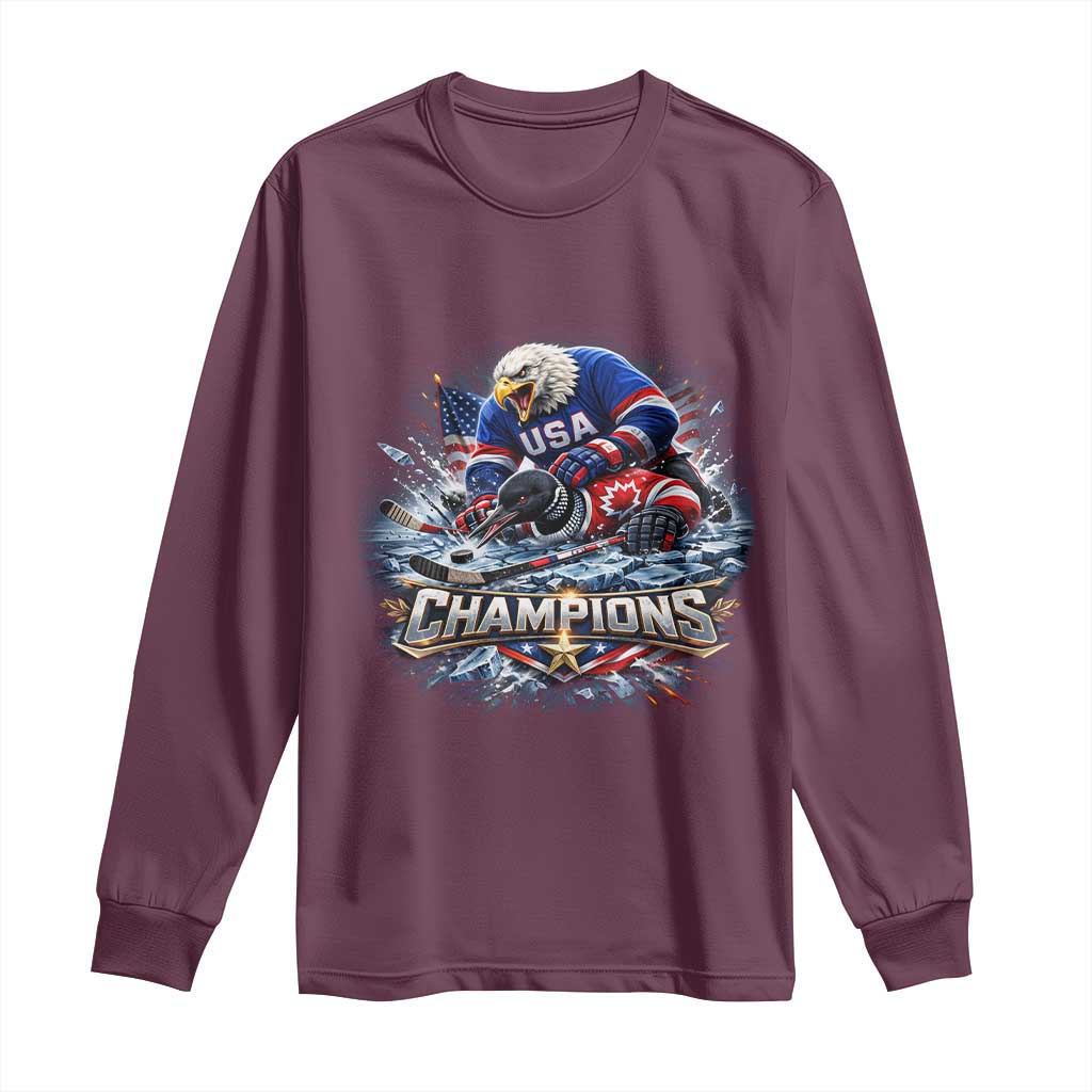 USA Ice Hockey Long Sleeve Shirt Eagle Dominates Canada 2026 Hockey Champions Graphic TS10 Maroon Print Your Wear
