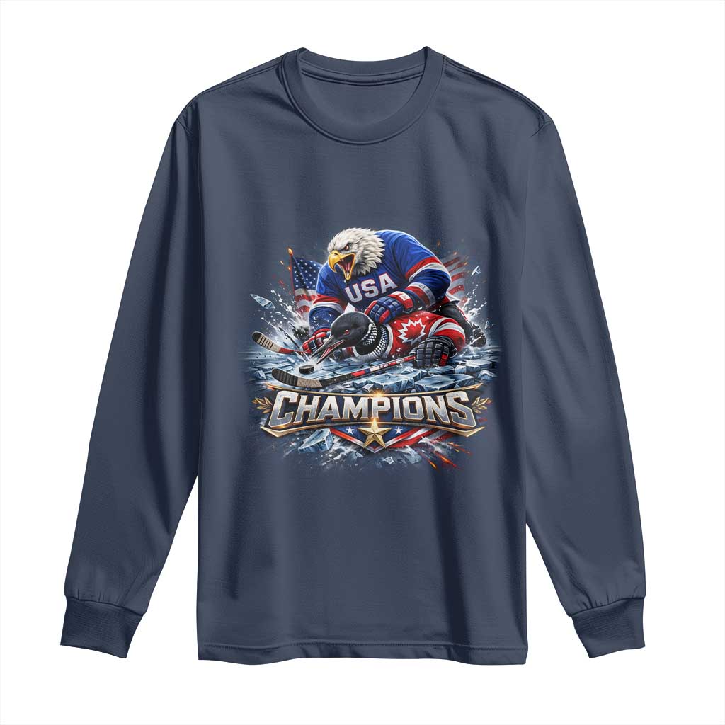 USA Ice Hockey Long Sleeve Shirt Eagle Dominates Canada 2026 Hockey Champions Graphic TS10 Navy Print Your Wear
