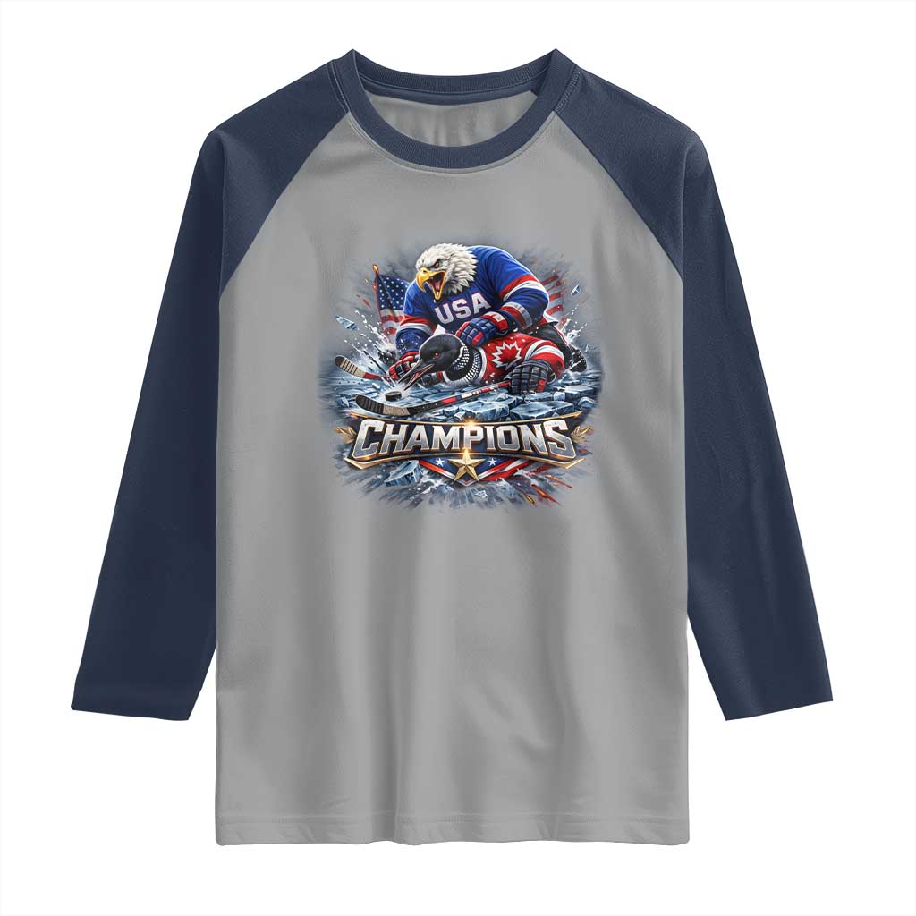 USA Ice Hockey Raglan Shirt Eagle Dominates Canada 2026 Hockey Champions Graphic TS10 Sport Gray Navy Print Your Wear