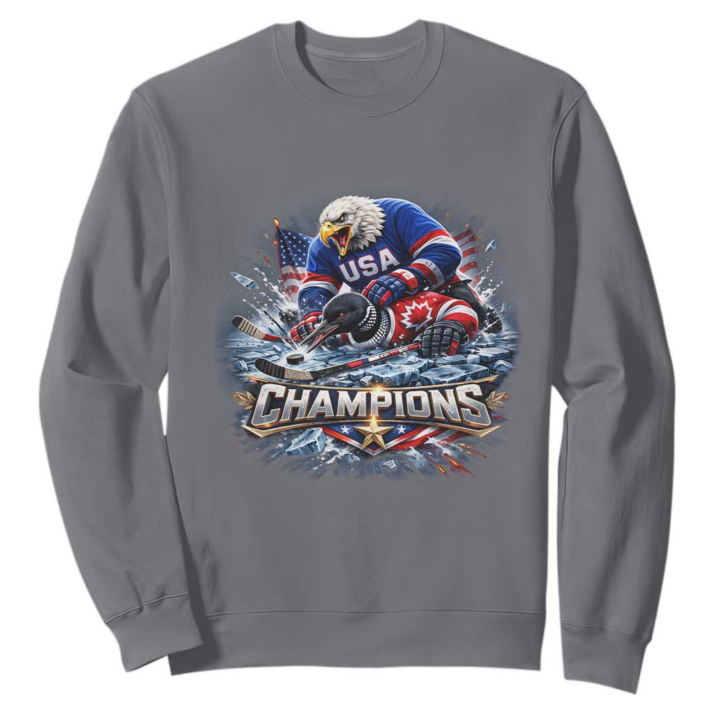 USA Ice Hockey Sweatshirt Eagle Dominates Canada 2026 Hockey Champions Graphic TS10 Charcoal Print Your Wear