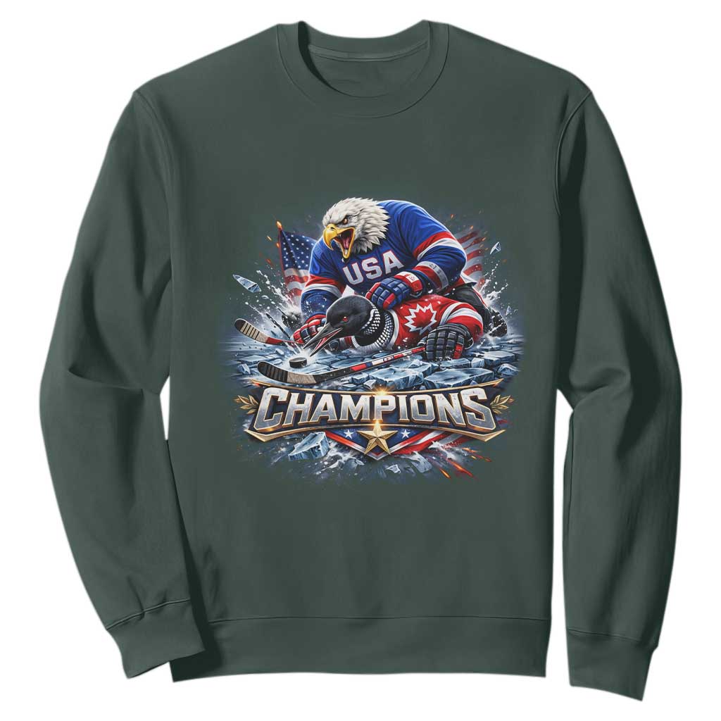 USA Ice Hockey Sweatshirt Eagle Dominates Canada 2026 Hockey Champions Graphic TS10 Dark Forest Green Print Your Wear