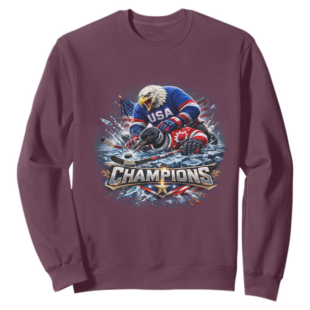 USA Ice Hockey Sweatshirt Eagle Dominates Canada 2026 Hockey Champions Graphic TS10 Maroon Print Your Wear