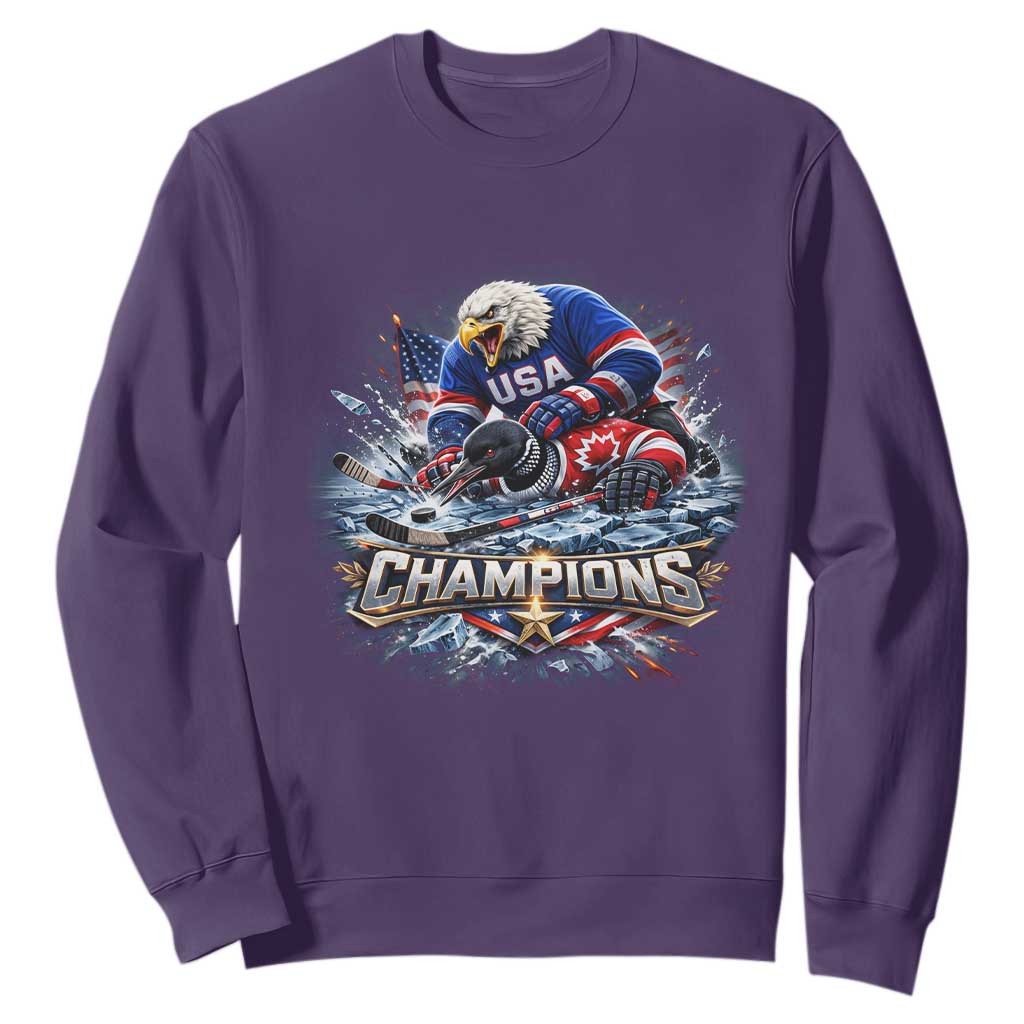 USA Ice Hockey Sweatshirt Eagle Dominates Canada 2026 Hockey Champions Graphic TS10 Purple Print Your Wear